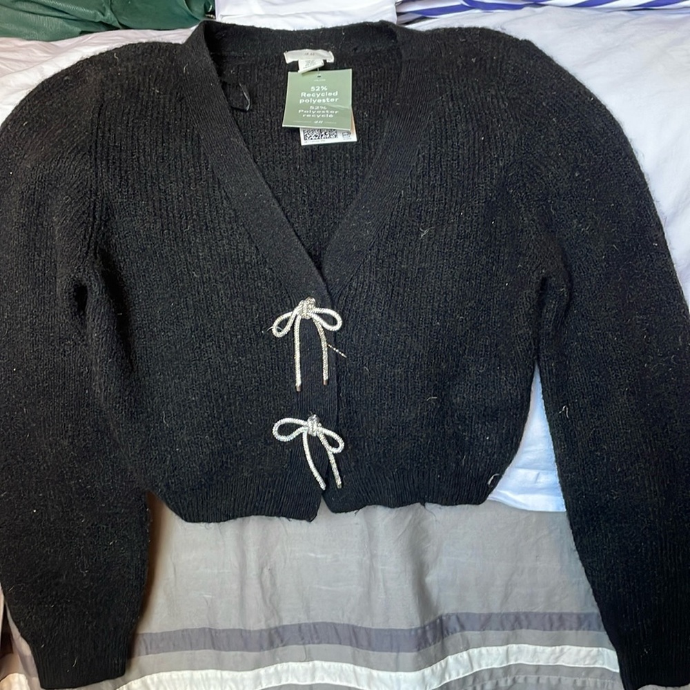 H&M rhinestone bow cardigan NWT XS